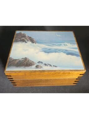 Vintage Reuge Music Box Swiss Musical Movement Waves Rocks Scene Harbor Lights